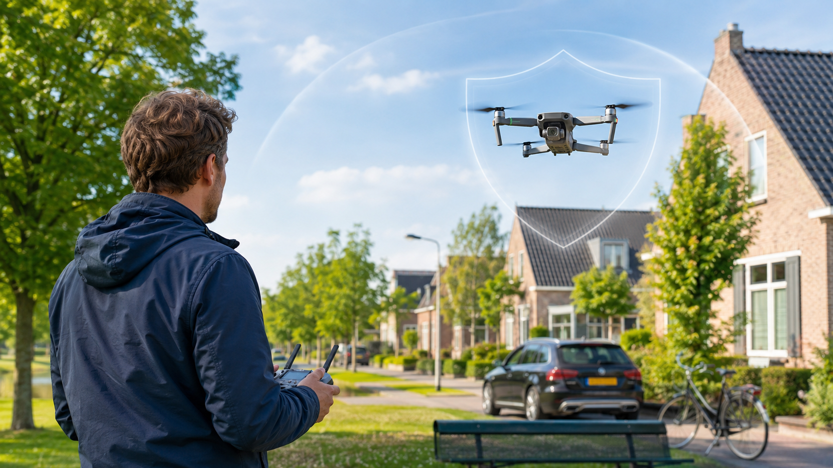 Particuliere drone in de lucht boven een open veld