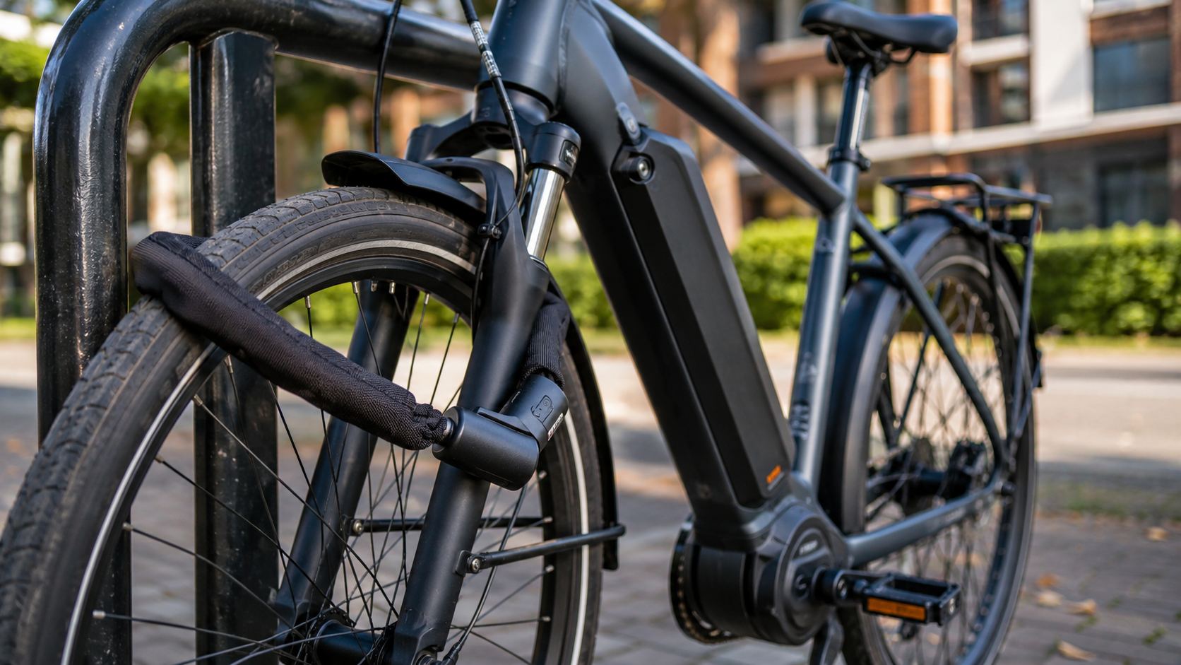 Elektrische fiets met stevig slot als symbool voor e-bike verzekering