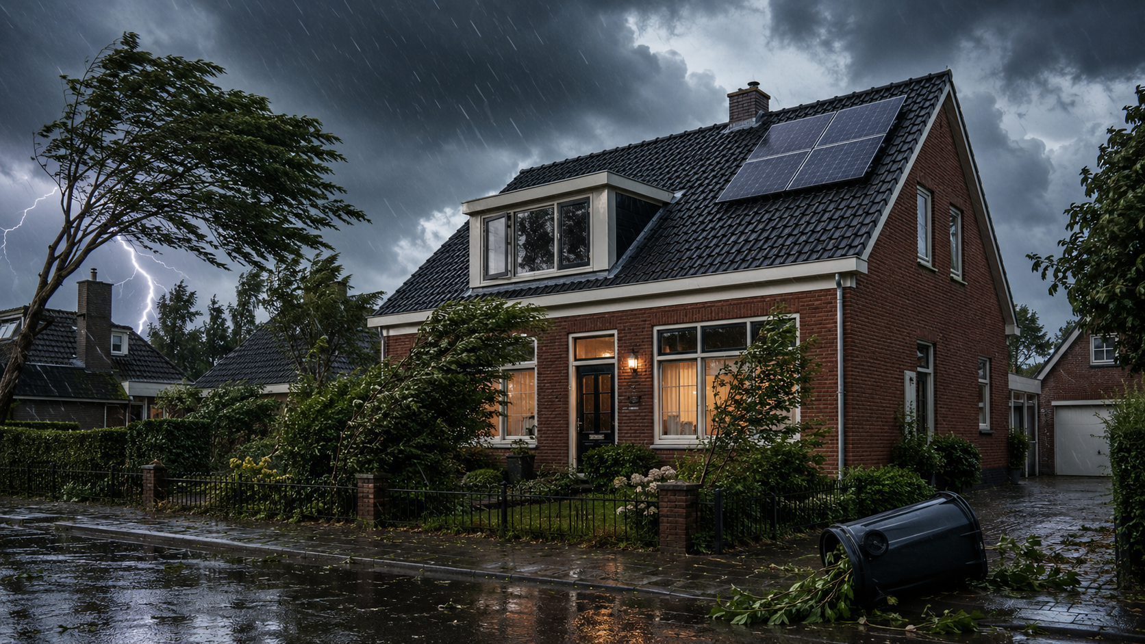 Woning met regen en storm als symbool voor woonverzekering bij extreem weer
